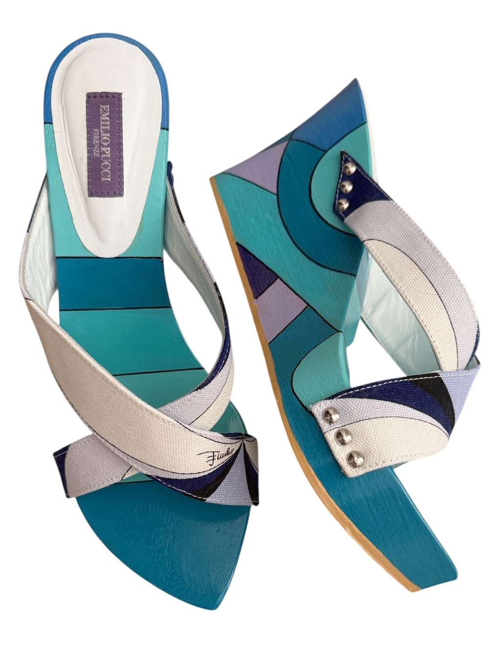 Y2K Emilio Pucci Vintage Multicolor Print Wedge Sandals Sz 37.5 NWOT